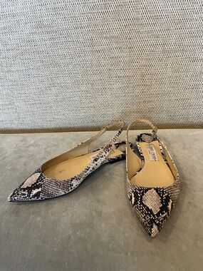 Jimmy Choo Beige and Black Snake-Print Pointed Slingbacks